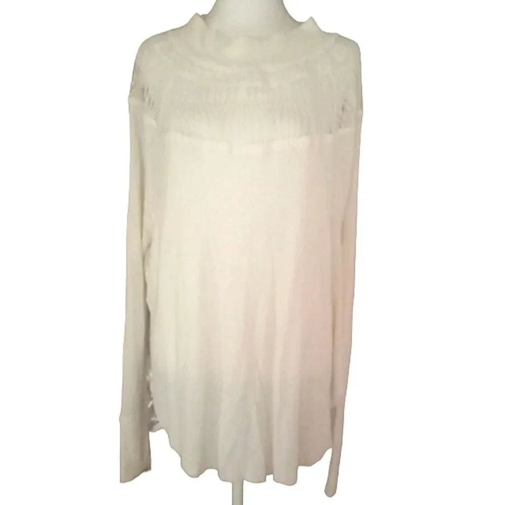Free People White Spring Valley Lace Insert Waffle Knit Long Sleeve Size Medium